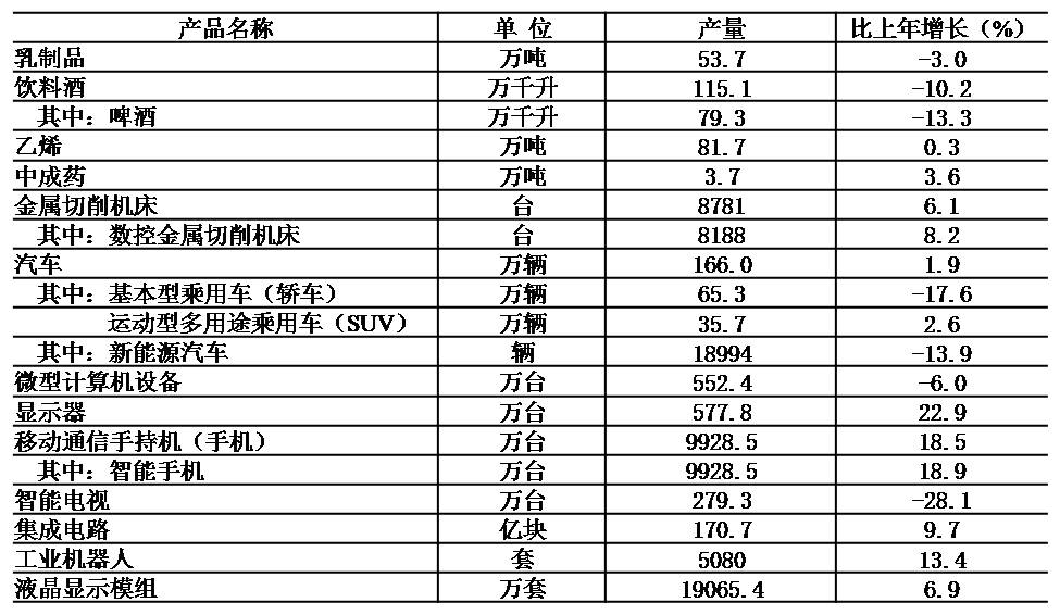 表5 2020年规模以上工业企业主要产品产量